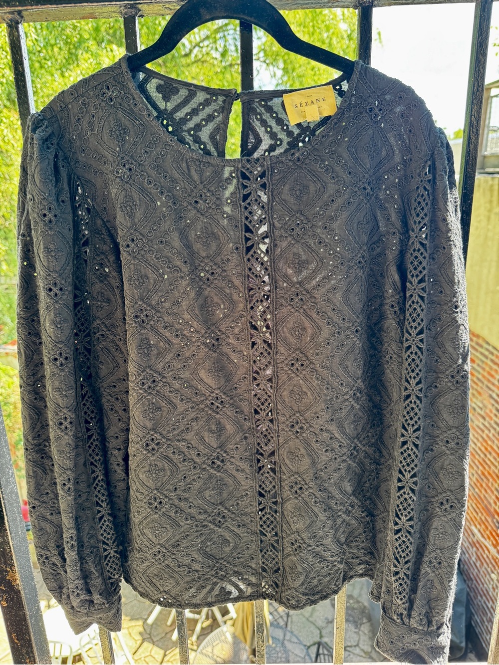 Sezane Black Lace Eyelet Button-Back Blouse